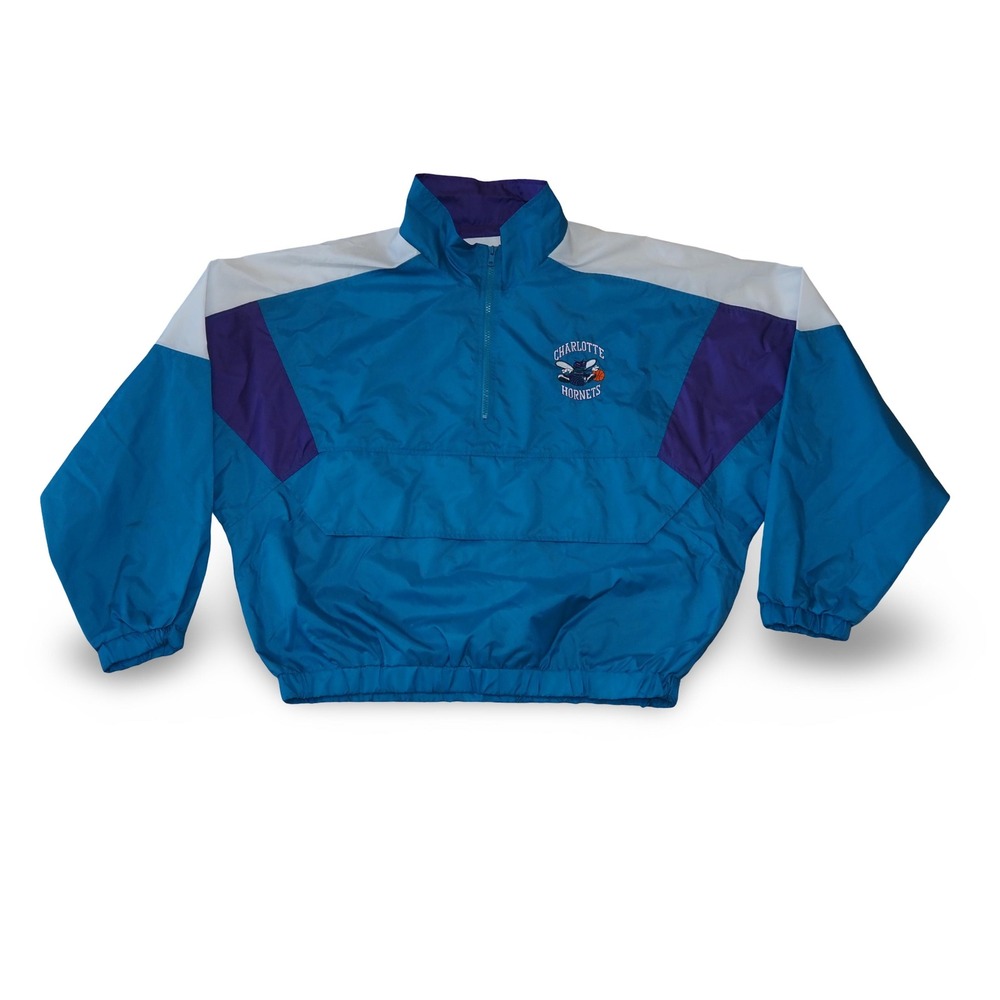 Vintage 90s Charlotte Hornets NBA Pullover Windbreaker Jacket Size L Teal Purple